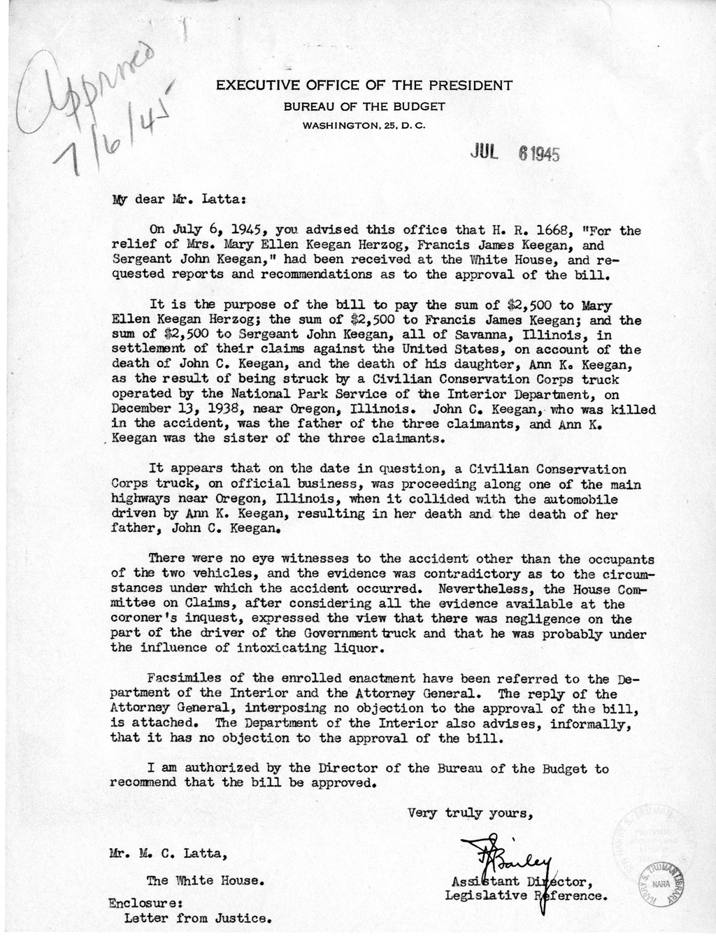 Memorandum from Frederick Bailey to M. C. Latta, H.R. 1668, For the Relief of Mrs. Mary Ellen Keegan Herzog, Francis James Keegan, and Sergeant John Keegan, with Attachments