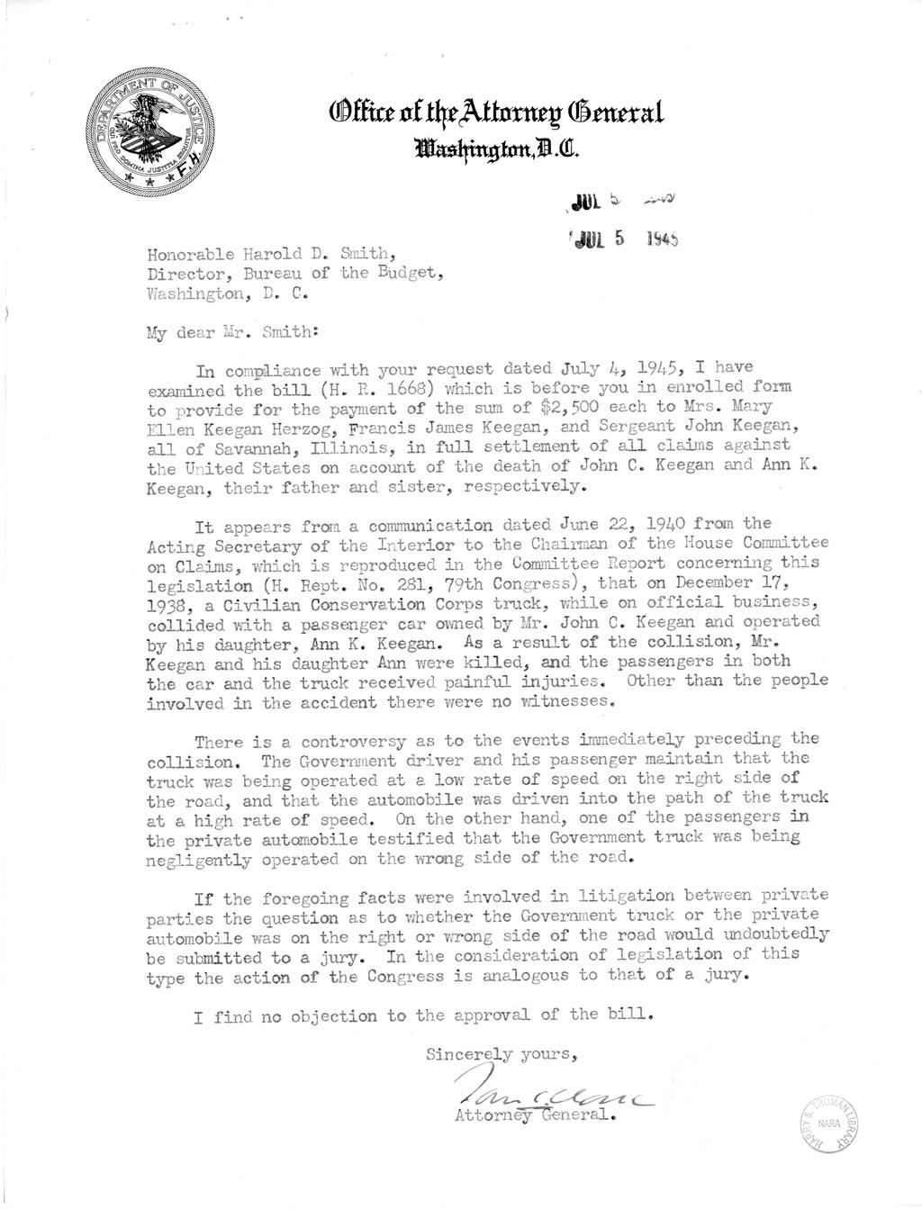 Memorandum from Frederick Bailey to M. C. Latta, H.R. 1668, For the Relief of Mrs. Mary Ellen Keegan Herzog, Francis James Keegan, and Sergeant John Keegan, with Attachments