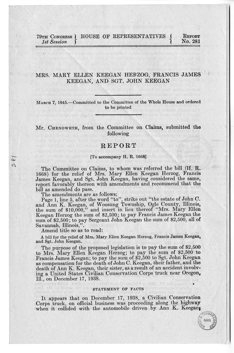 Memorandum from Frederick Bailey to M. C. Latta, H.R. 1668, For the Relief of Mrs. Mary Ellen Keegan Herzog, Francis James Keegan, and Sergeant John Keegan, with Attachments