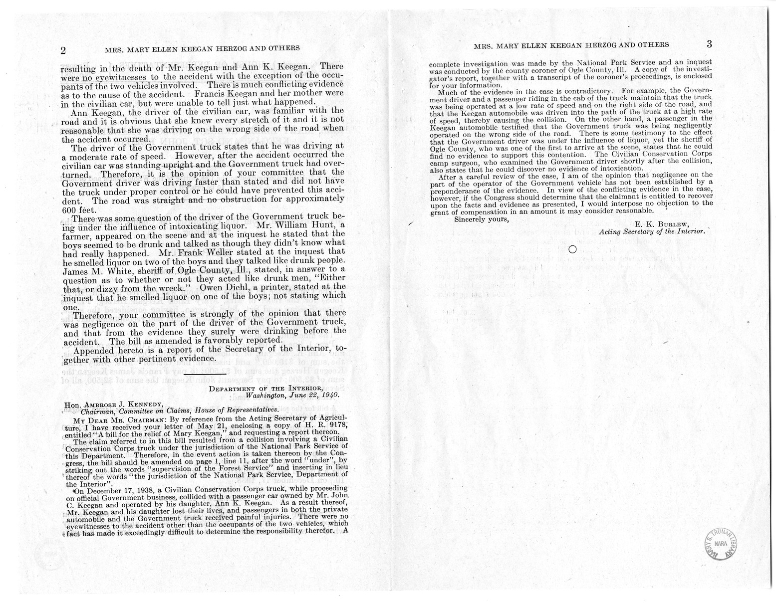 Memorandum from Frederick Bailey to M. C. Latta, H.R. 1668, For the Relief of Mrs. Mary Ellen Keegan Herzog, Francis James Keegan, and Sergeant John Keegan, with Attachments