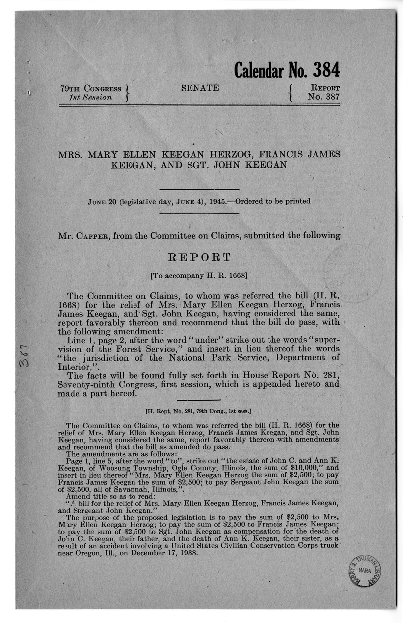 Memorandum from Frederick Bailey to M. C. Latta, H.R. 1668, For the Relief of Mrs. Mary Ellen Keegan Herzog, Francis James Keegan, and Sergeant John Keegan, with Attachments