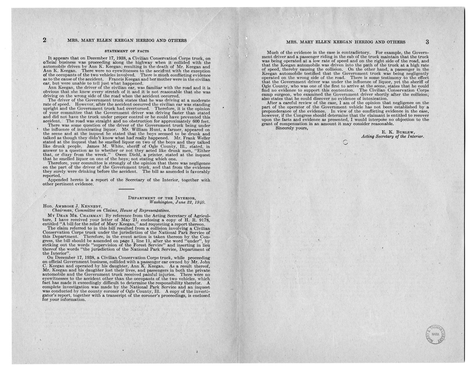 Memorandum from Frederick Bailey to M. C. Latta, H.R. 1668, For the Relief of Mrs. Mary Ellen Keegan Herzog, Francis James Keegan, and Sergeant John Keegan, with Attachments