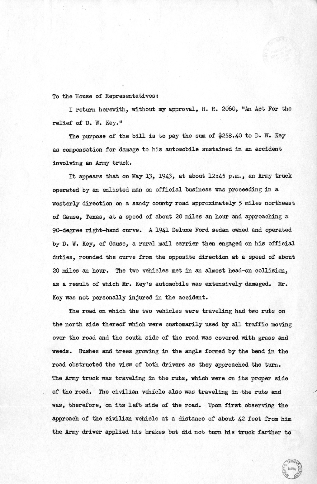 Memorandum from Harold D. Smith to M. C. Latta, H.R. 2060, For the Relief of D. W. Key, with Attachments