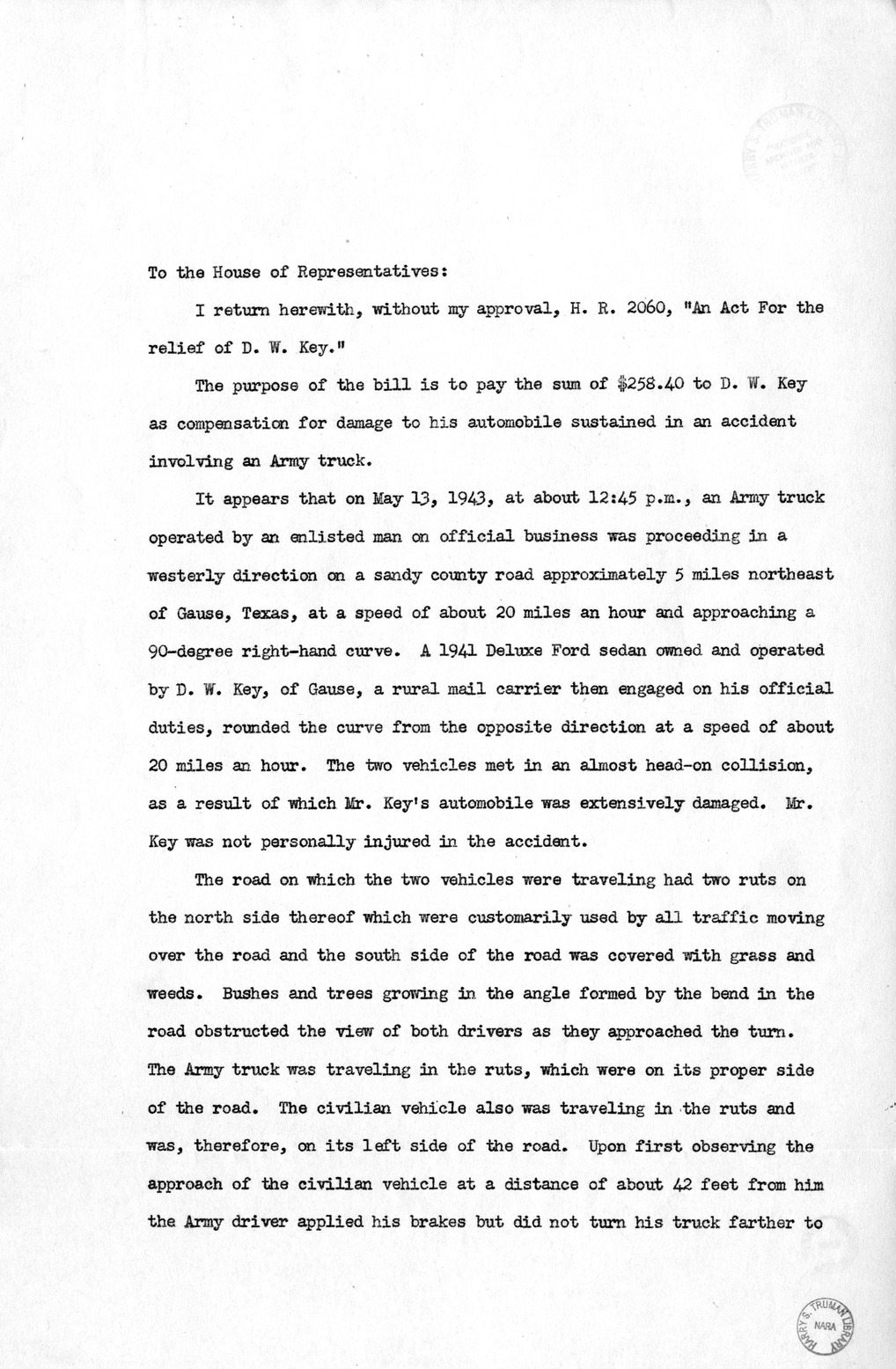 Memorandum from Harold D. Smith to M. C. Latta, H.R. 2060, For the Relief of D. W. Key, with Attachments