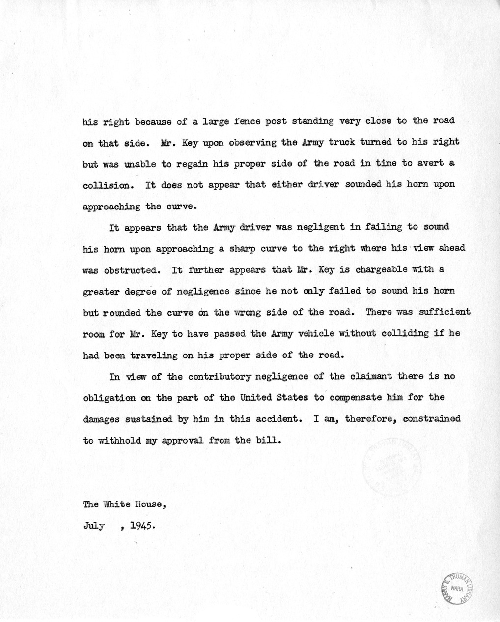 Memorandum from Harold D. Smith to M. C. Latta, H.R. 2060, For the Relief of D. W. Key, with Attachments