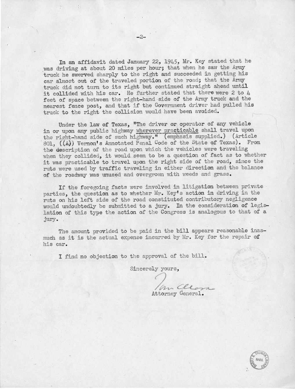 Memorandum from Harold D. Smith to M. C. Latta, H.R. 2060, For the Relief of D. W. Key, with Attachments