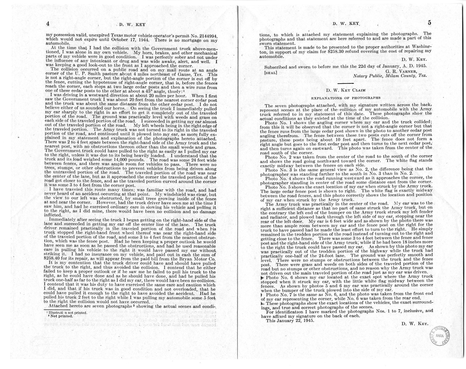 Memorandum from Harold D. Smith to M. C. Latta, H.R. 2060, For the Relief of D. W. Key, with Attachments