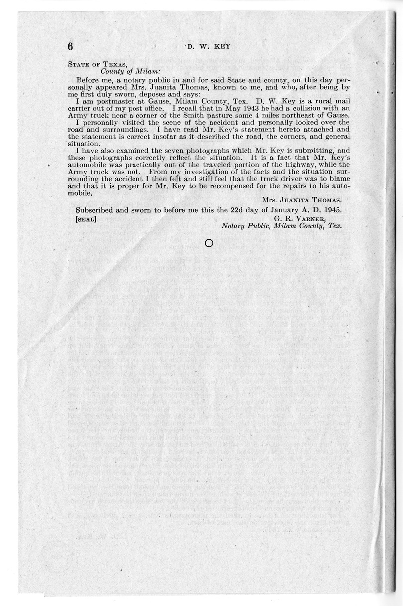 Memorandum from Harold D. Smith to M. C. Latta, H.R. 2060, For the Relief of D. W. Key, with Attachments