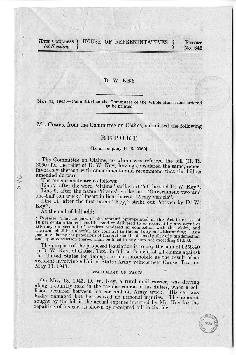 Memorandum from Harold D. Smith to M. C. Latta, H.R. 2060, For the Relief of D. W. Key, with Attachments