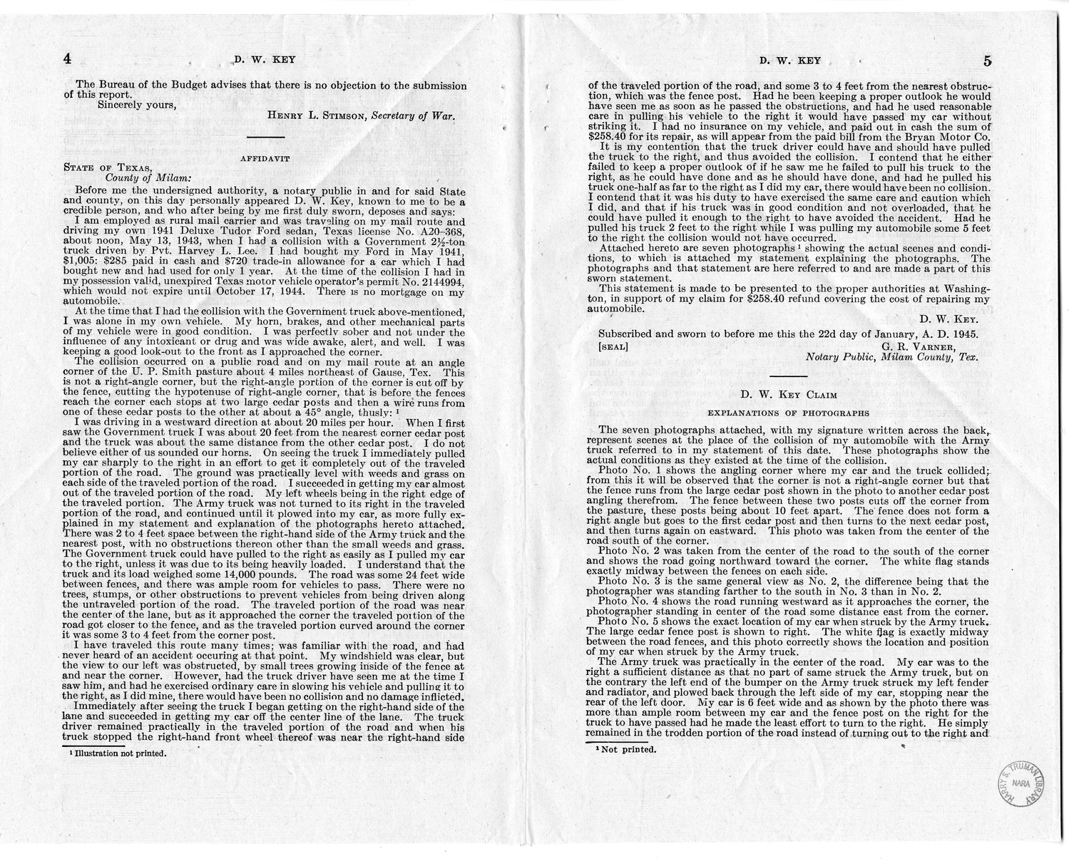 Memorandum from Harold D. Smith to M. C. Latta, H.R. 2060, For the Relief of D. W. Key, with Attachments