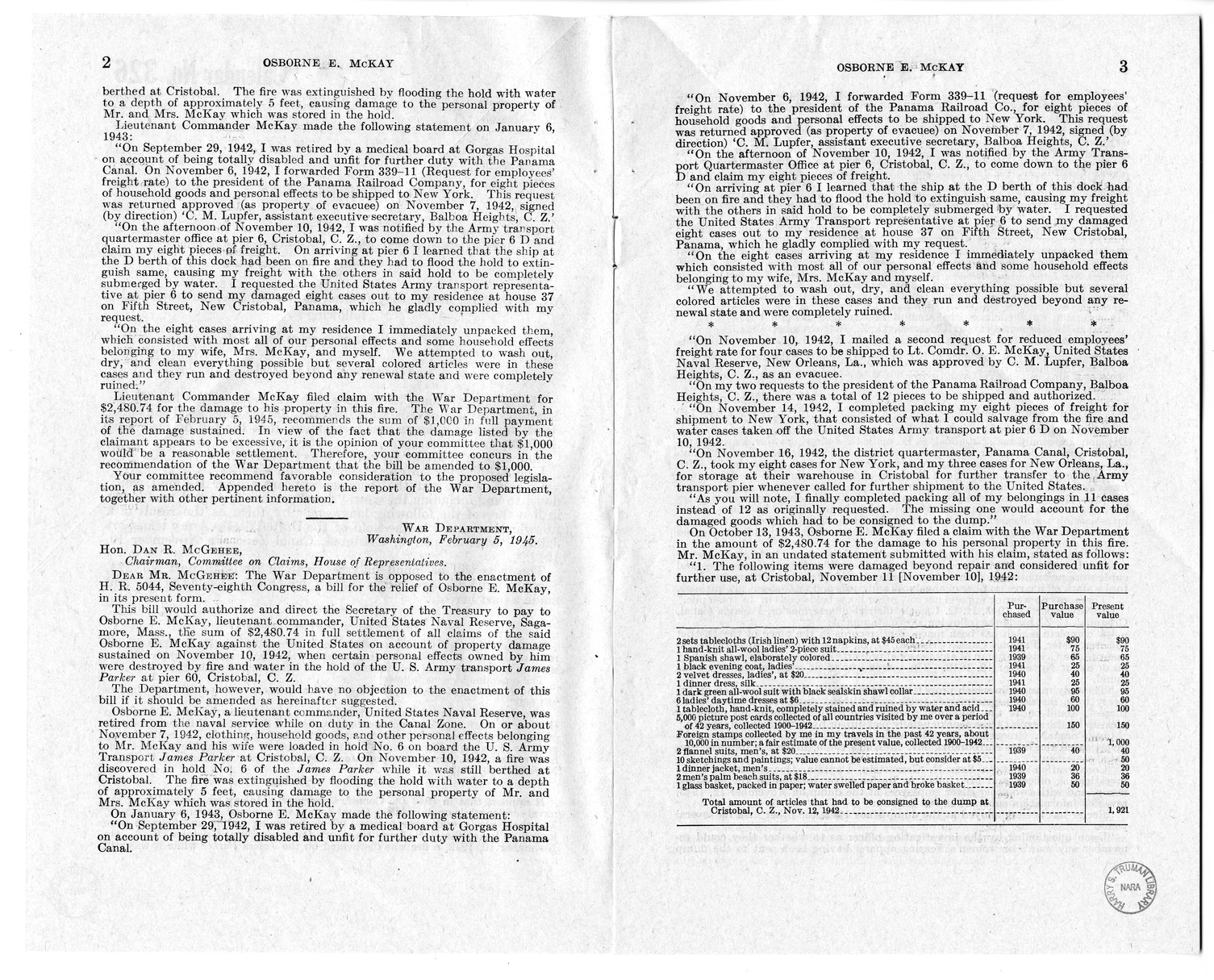 Memorandum from Frederick Bailey to M. C. Latta, H.R. 2336, For the Relief of Osborne E. McKay, with Attachments