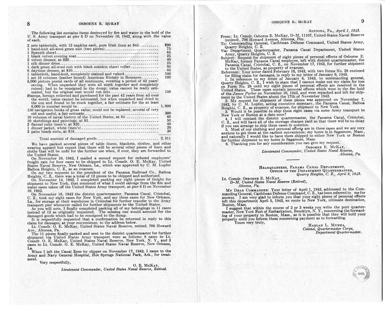 Memorandum from Frederick Bailey to M. C. Latta, H.R. 2336, For the Relief of Osborne E. McKay, with Attachments