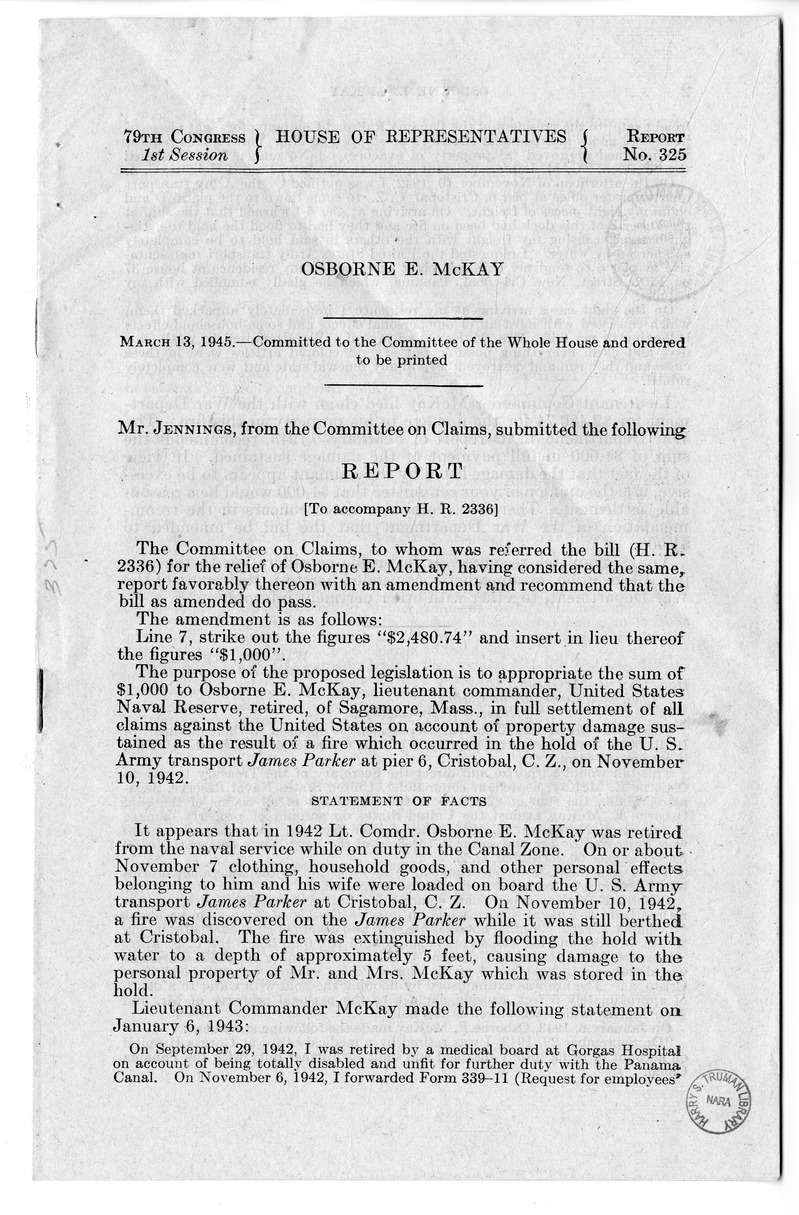 Memorandum from Frederick Bailey to M. C. Latta, H.R. 2336, For the Relief of Osborne E. McKay, with Attachments