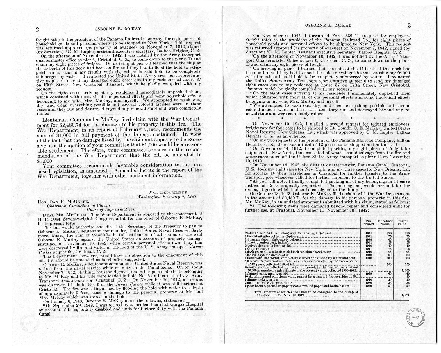 Memorandum from Frederick Bailey to M. C. Latta, H.R. 2336, For the Relief of Osborne E. McKay, with Attachments