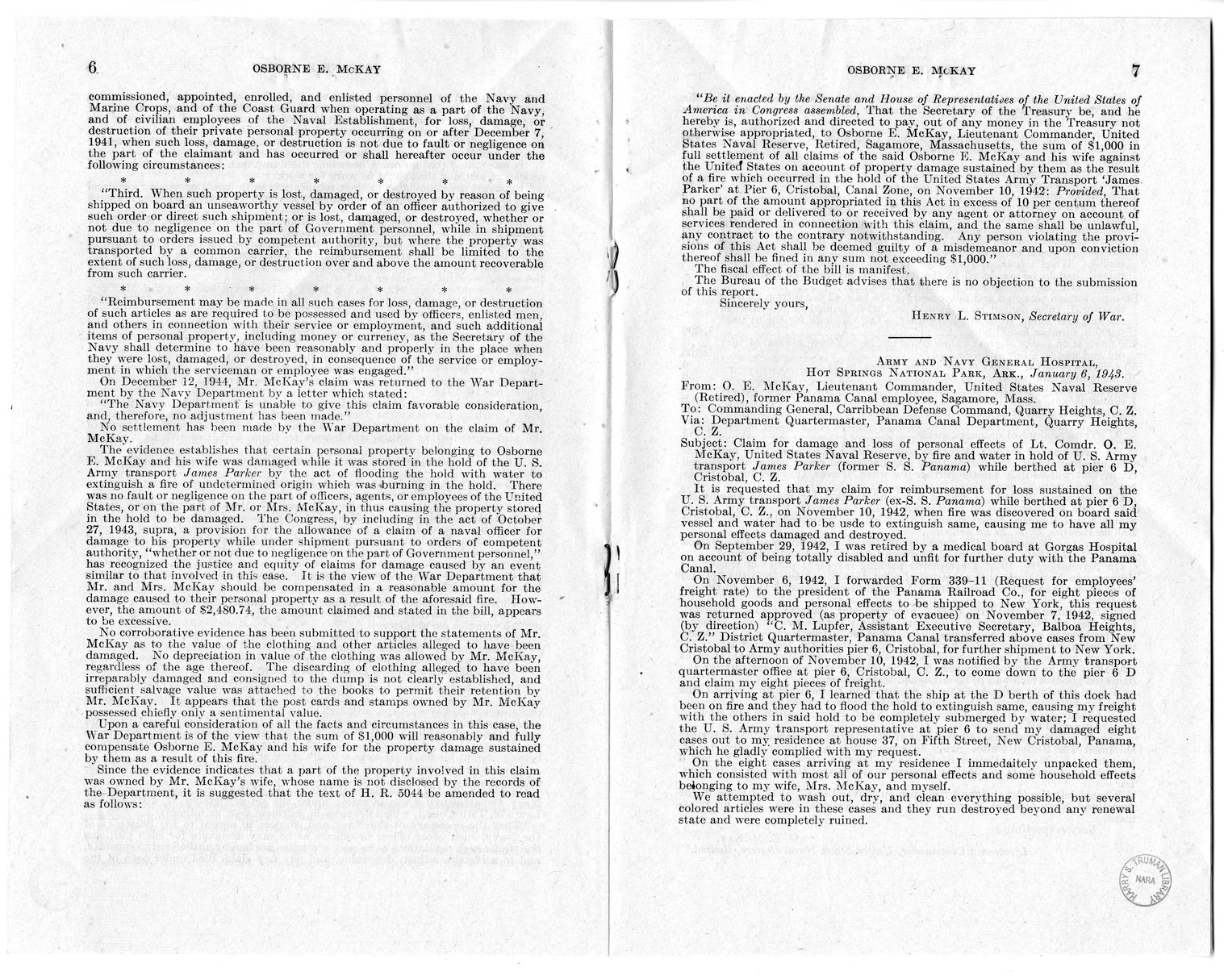 Memorandum from Frederick Bailey to M. C. Latta, H.R. 2336, For the Relief of Osborne E. McKay, with Attachments