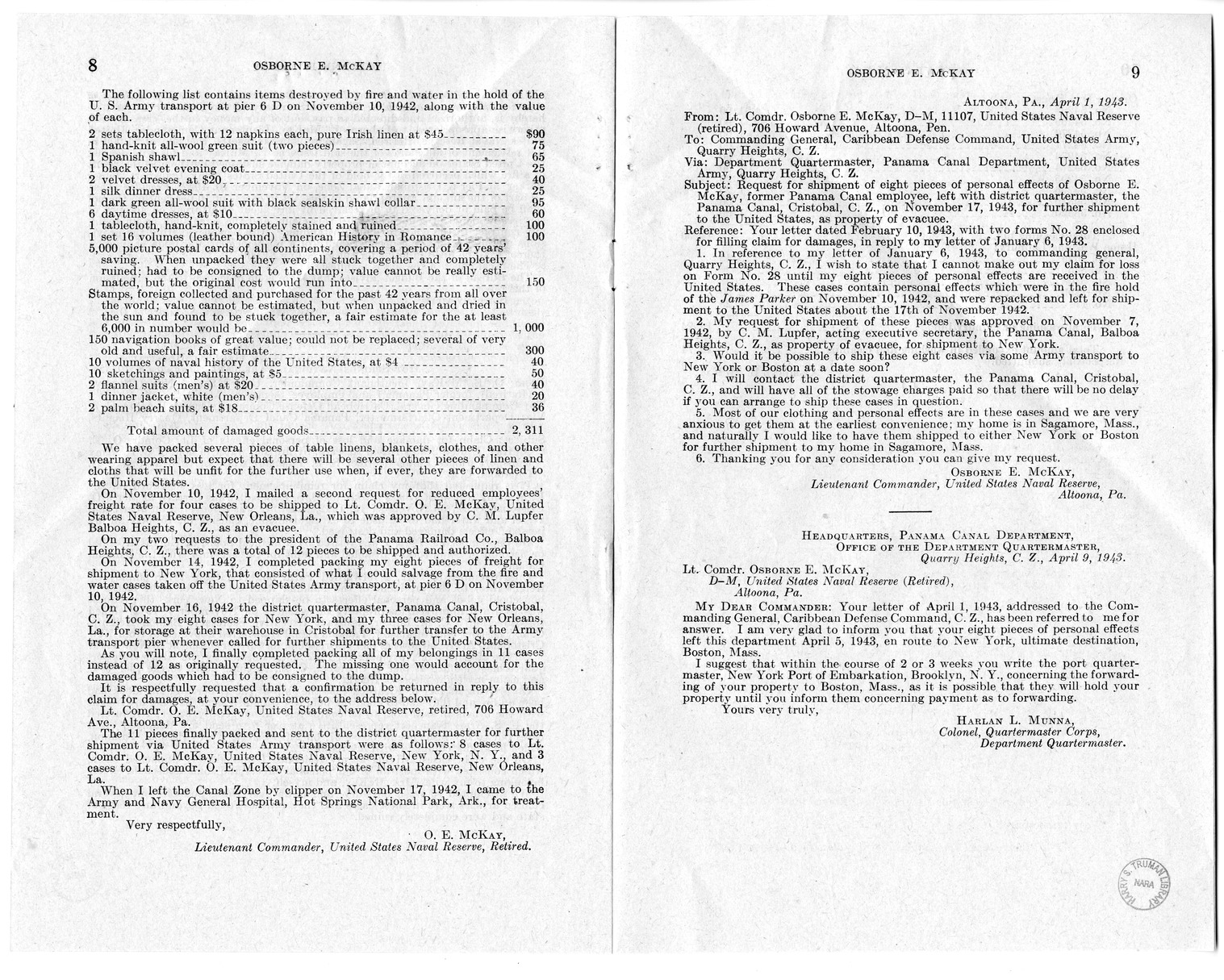 Memorandum from Frederick Bailey to M. C. Latta, H.R. 2336, For the Relief of Osborne E. McKay, with Attachments