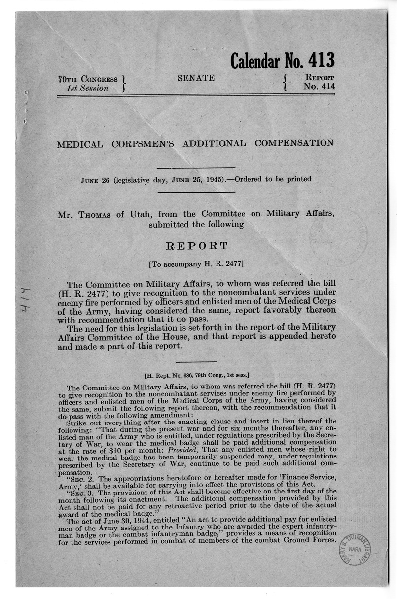 Memorandum from Frederick Bailey to M. C. Latta, H.R. 2477, To Give Recognition to the Noncombatant Services Under Enemy Fire Performed by Officers and Enlisted Men of the Medical Corps of the Army, with Attachments