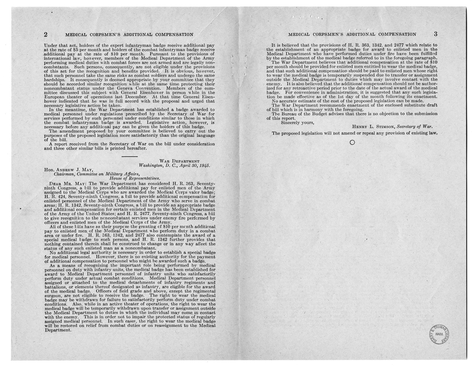 Memorandum from Frederick Bailey to M. C. Latta, H.R. 2477, To Give Recognition to the Noncombatant Services Under Enemy Fire Performed by Officers and Enlisted Men of the Medical Corps of the Army, with Attachments