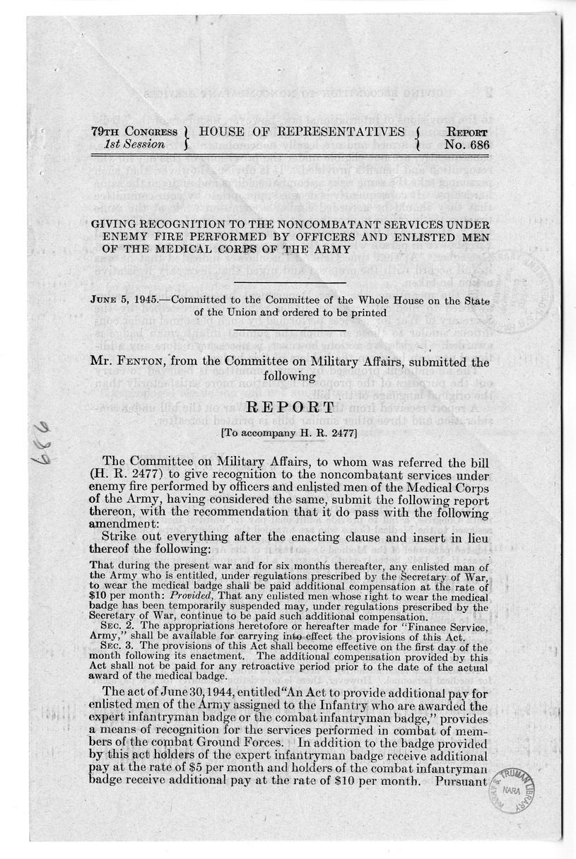Memorandum from Frederick Bailey to M. C. Latta, H.R. 2477, To Give Recognition to the Noncombatant Services Under Enemy Fire Performed by Officers and Enlisted Men of the Medical Corps of the Army, with Attachments