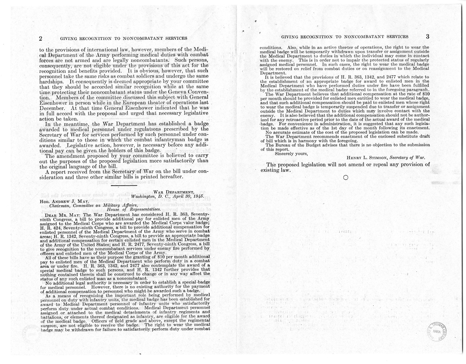 Memorandum from Frederick Bailey to M. C. Latta, H.R. 2477, To Give Recognition to the Noncombatant Services Under Enemy Fire Performed by Officers and Enlisted Men of the Medical Corps of the Army, with Attachments