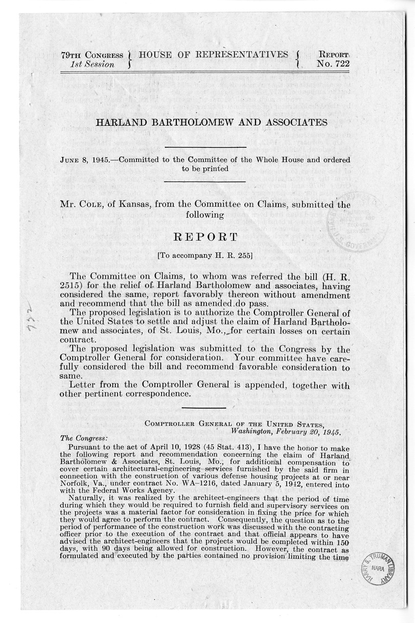 Memorandum from Harold D. Smith to M. C. Latta, H.R. 2515, For the Relief of Harland Bartholomew and Associates, with Attachments