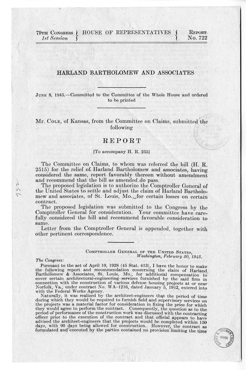 Memorandum from Harold D. Smith to M. C. Latta, H.R. 2515, For the Relief of Harland Bartholomew and Associates, with Attachments