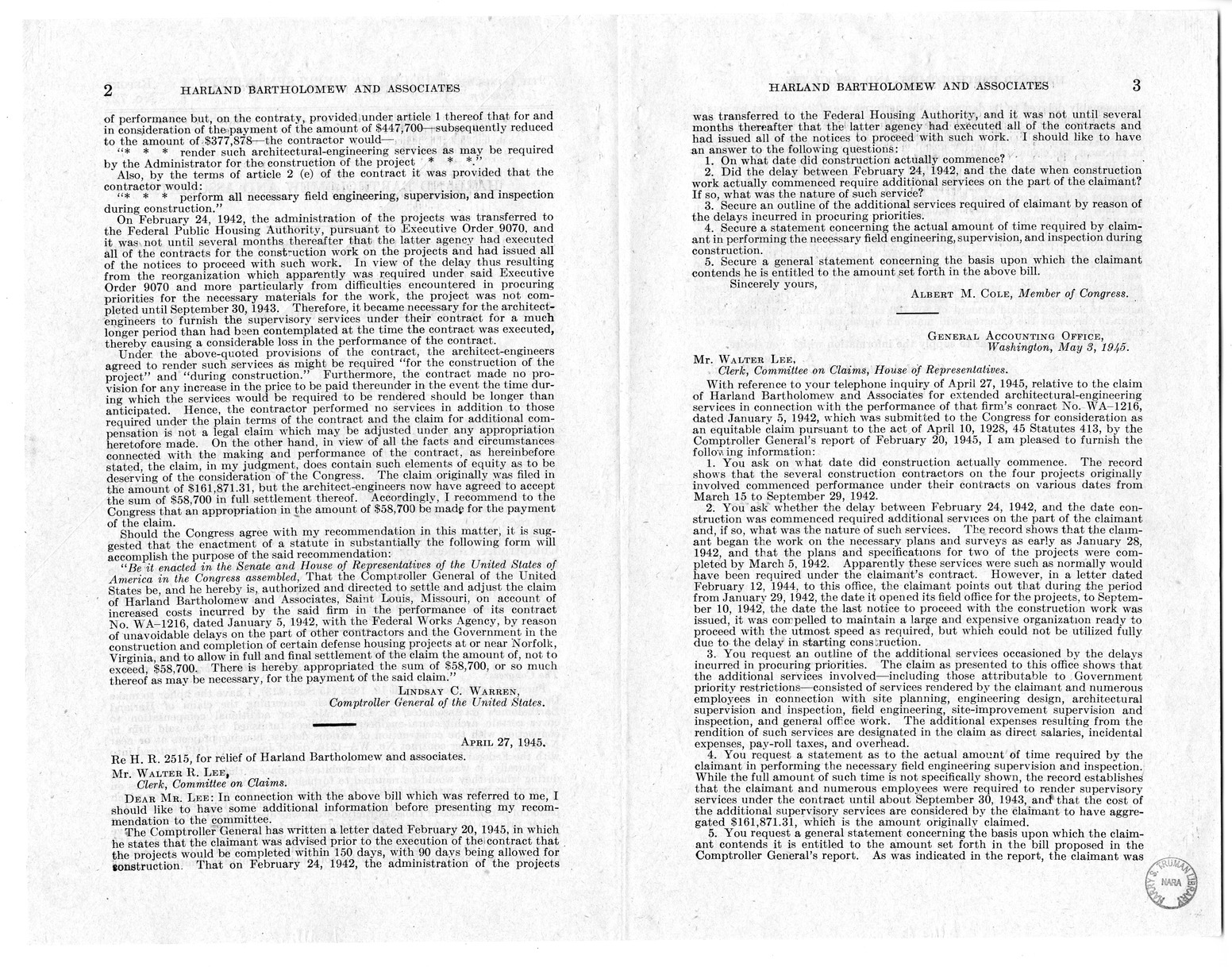 Memorandum from Harold D. Smith to M. C. Latta, H.R. 2515, For the Relief of Harland Bartholomew and Associates, with Attachments