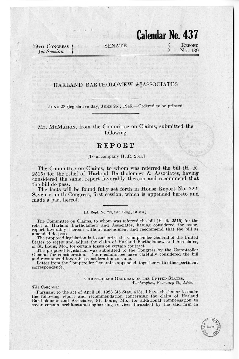 Memorandum from Harold D. Smith to M. C. Latta, H.R. 2515, For the Relief of Harland Bartholomew and Associates, with Attachments