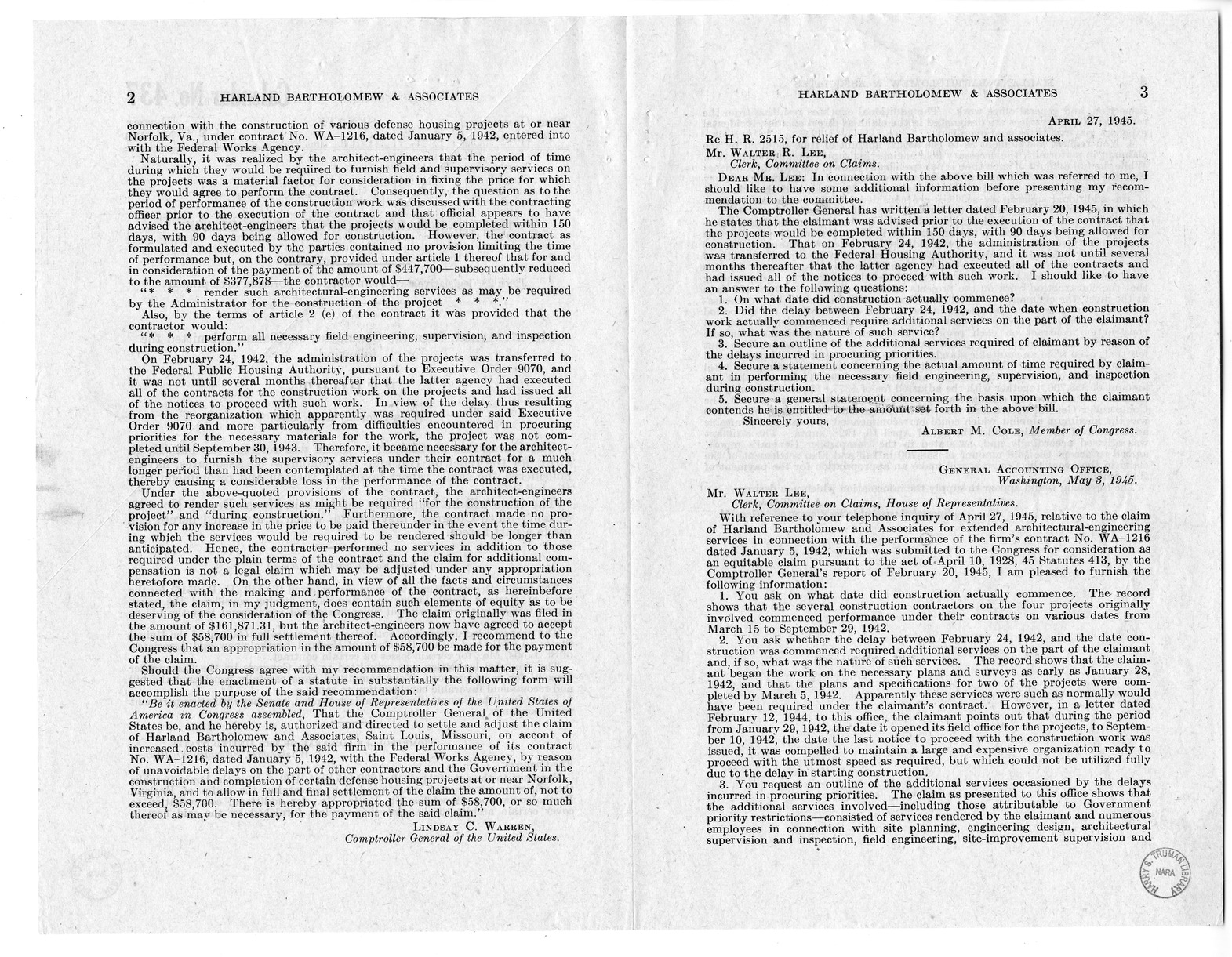 Memorandum from Harold D. Smith to M. C. Latta, H.R. 2515, For the Relief of Harland Bartholomew and Associates, with Attachments