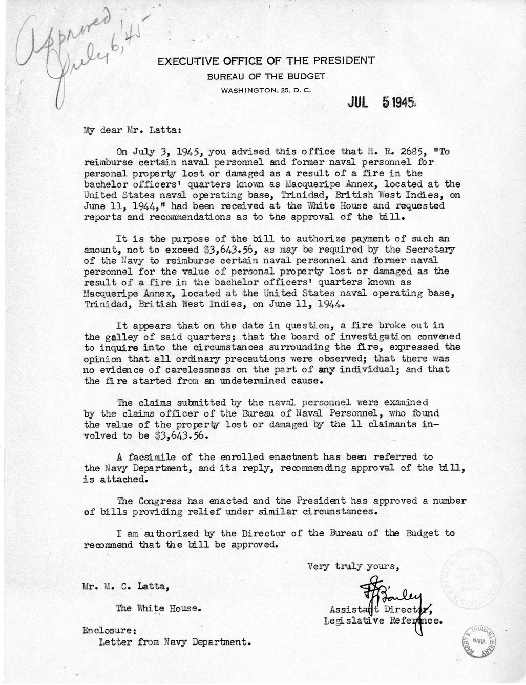 Memorandum from Frederick Bailey to M. C. Latta, H.R. 2685, To Reimburse Certain Naval Personnel and Former Naval Personnel for Personal Property Lost or Damaged as a Result of a Fire in the Bachelor Officers' Quarters Known as Macqueripe Annex, Located a