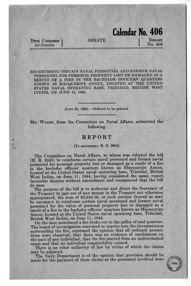 Memorandum from Frederick Bailey to M. C. Latta, H.R. 2685, To Reimburse Certain Naval Personnel and Former Naval Personnel for Personal Property Lost or Damaged as a Result of a Fire in the Bachelor Officers' Quarters Known as Macqueripe Annex, Located a