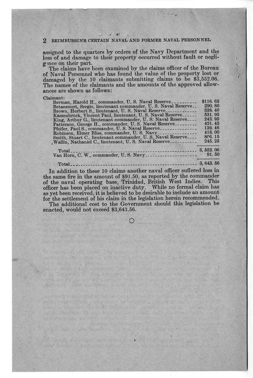 Memorandum from Frederick Bailey to M. C. Latta, H.R. 2685, To Reimburse Certain Naval Personnel and Former Naval Personnel for Personal Property Lost or Damaged as a Result of a Fire in the Bachelor Officers' Quarters Known as Macqueripe Annex, Located a