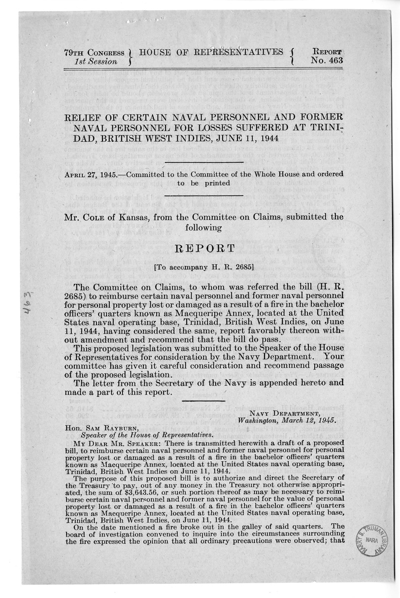 Memorandum from Frederick Bailey to M. C. Latta, H.R. 2685, To Reimburse Certain Naval Personnel and Former Naval Personnel for Personal Property Lost or Damaged as a Result of a Fire in the Bachelor Officers' Quarters Known as Macqueripe Annex, Located a