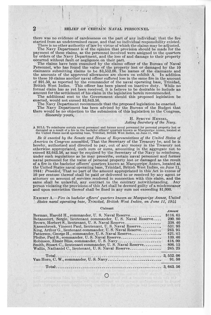 Memorandum from Frederick Bailey to M. C. Latta, H.R. 2685, To Reimburse Certain Naval Personnel and Former Naval Personnel for Personal Property Lost or Damaged as a Result of a Fire in the Bachelor Officers' Quarters Known as Macqueripe Annex, Located a