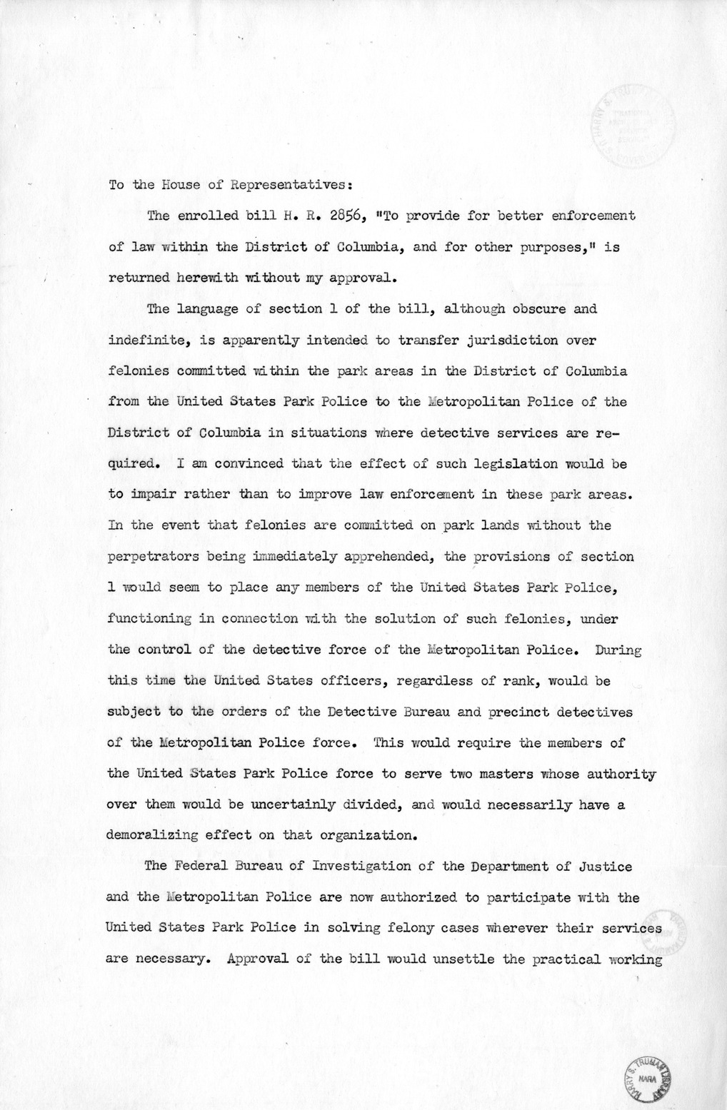 Memorandum from Harold D. Smith to M. C. Latta, H.R. 2856, To Provide for Better Enforcement of Law Within the District of Columbia, and for Other Purposes, with Attachments