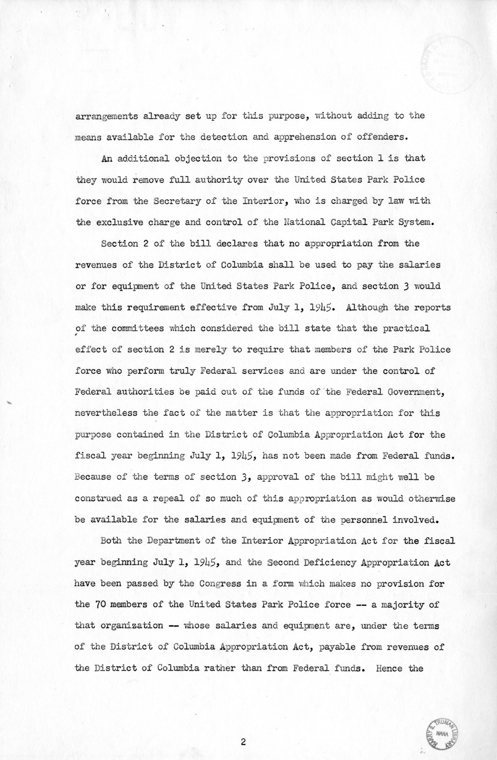 Memorandum from Harold D. Smith to M. C. Latta, H.R. 2856, To Provide for Better Enforcement of Law Within the District of Columbia, and for Other Purposes, with Attachments