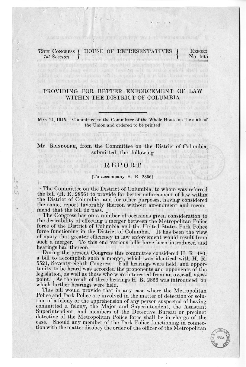 Memorandum from Harold D. Smith to M. C. Latta, H.R. 2856, To Provide for Better Enforcement of Law Within the District of Columbia, and for Other Purposes, with Attachments