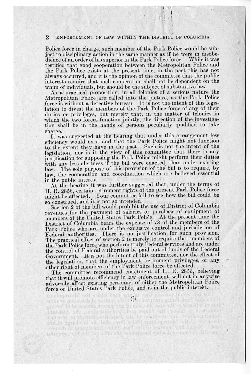 Memorandum from Harold D. Smith to M. C. Latta, H.R. 2856, To Provide for Better Enforcement of Law Within the District of Columbia, and for Other Purposes, with Attachments