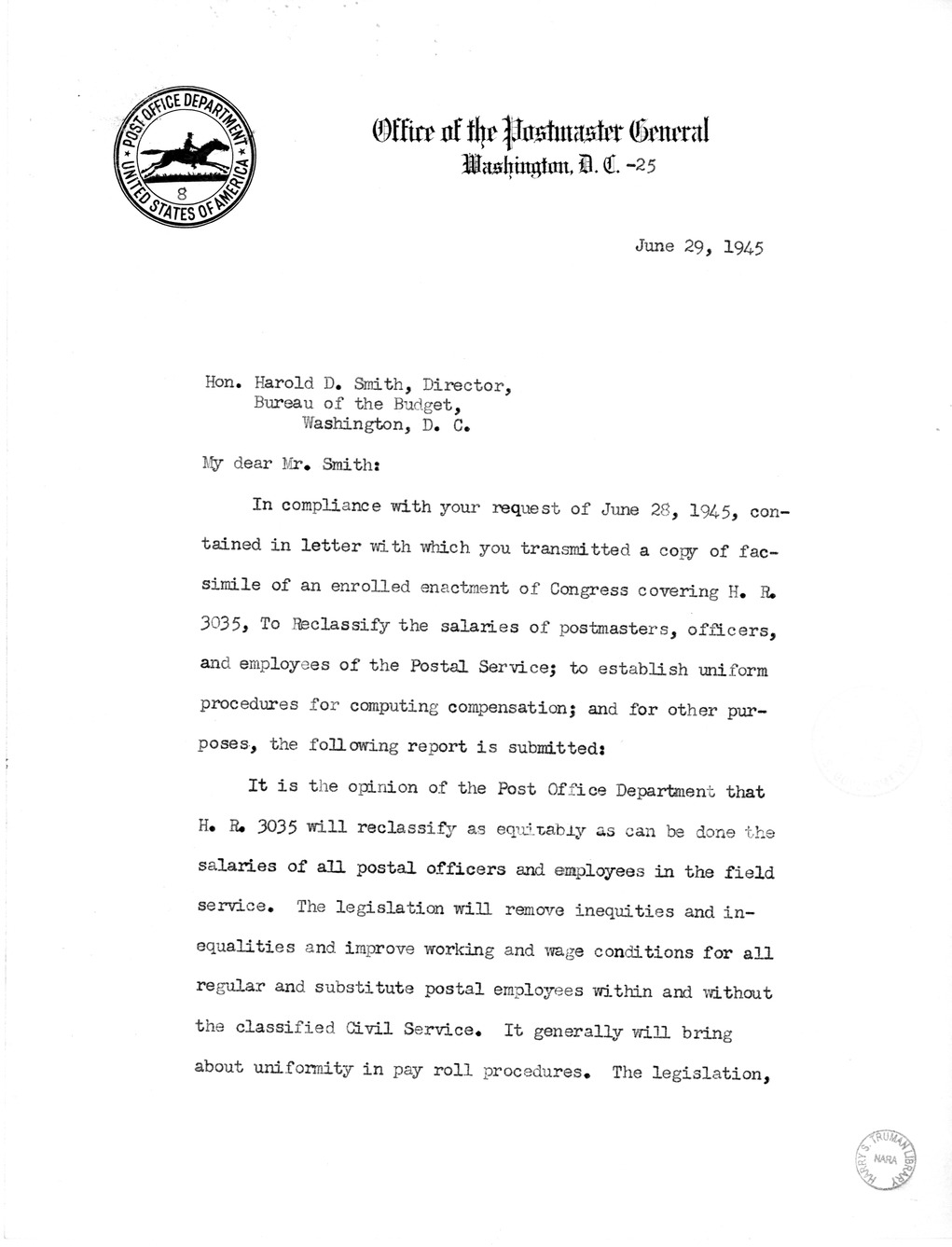 Memorandum from Harold D. Smith to M. C. Latta, H.R. 3035, Postal Service Pay Bill, with Attachments