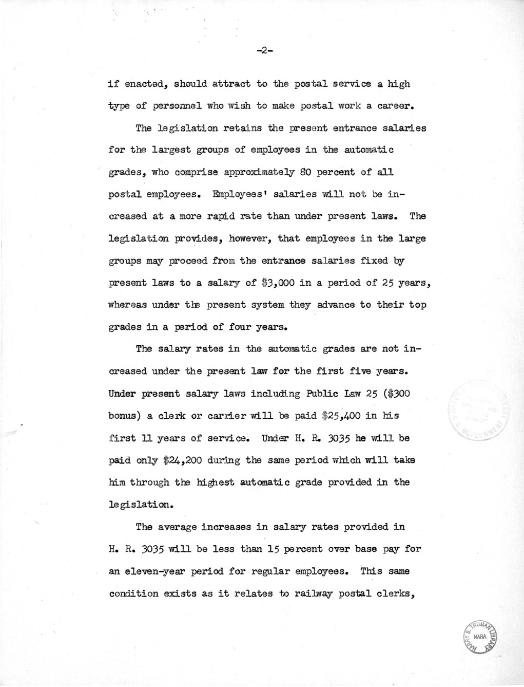 Memorandum from Harold D. Smith to M. C. Latta, H.R. 3035, Postal Service Pay Bill, with Attachments