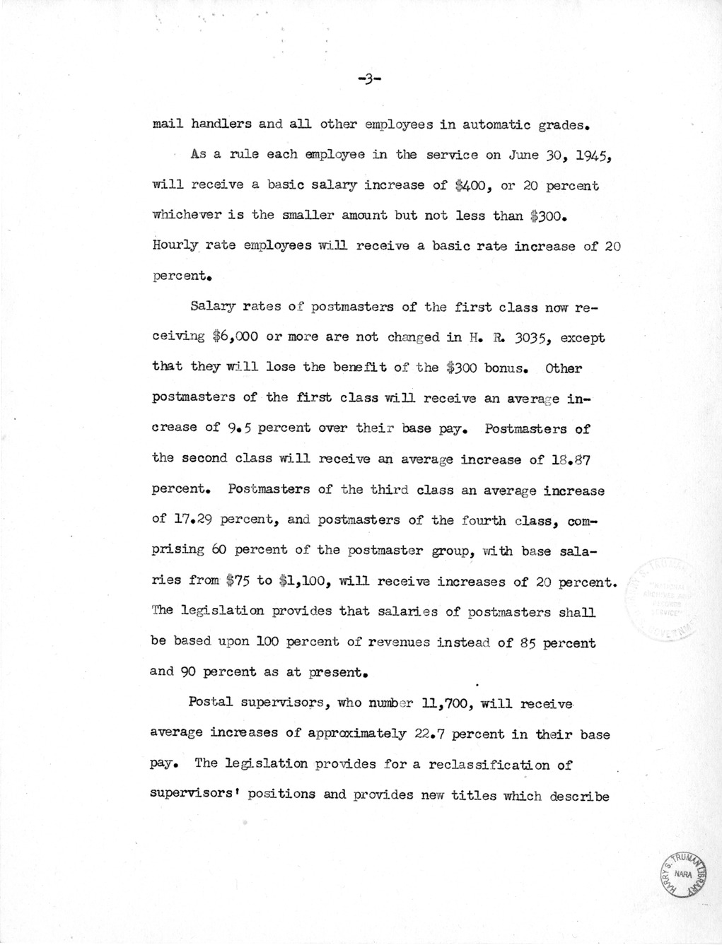 Memorandum from Harold D. Smith to M. C. Latta, H.R. 3035, Postal Service Pay Bill, with Attachments