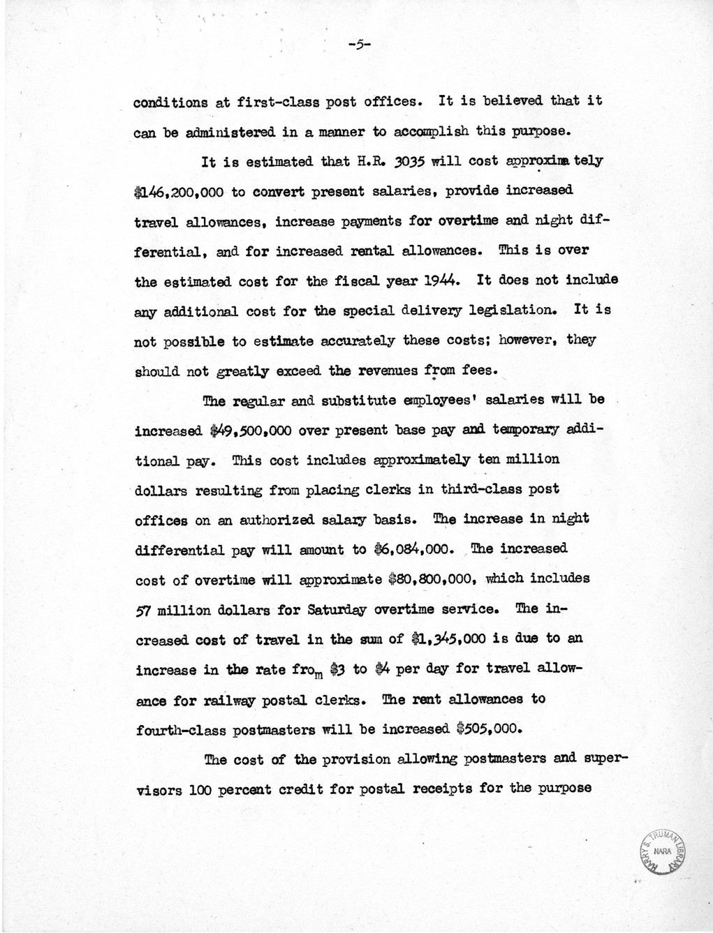 Memorandum from Harold D. Smith to M. C. Latta, H.R. 3035, Postal Service Pay Bill, with Attachments