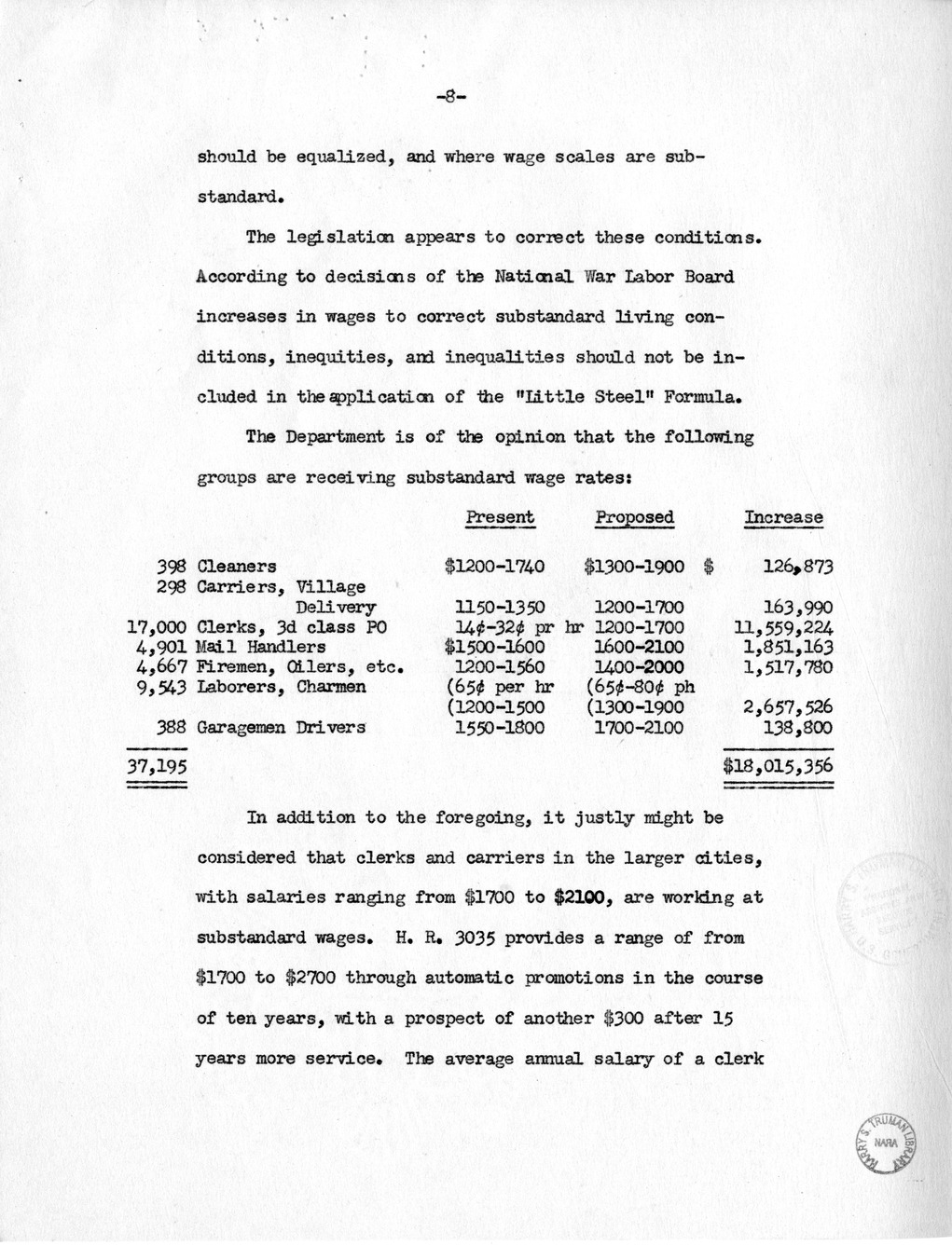 Memorandum from Harold D. Smith to M. C. Latta, H.R. 3035, Postal Service Pay Bill, with Attachments