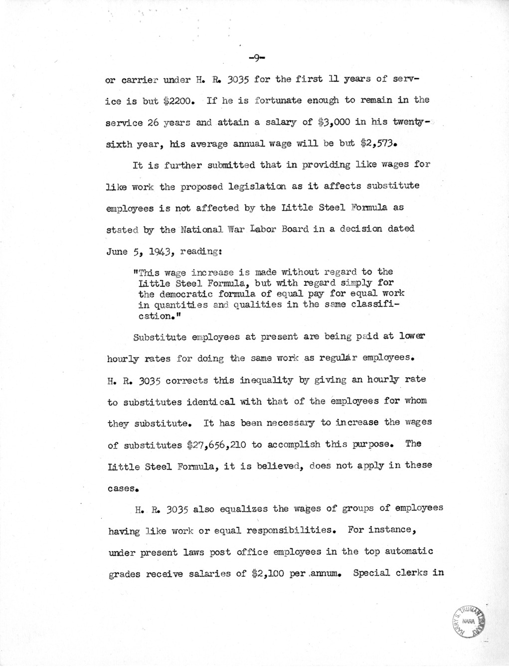 Memorandum from Harold D. Smith to M. C. Latta, H.R. 3035, Postal Service Pay Bill, with Attachments