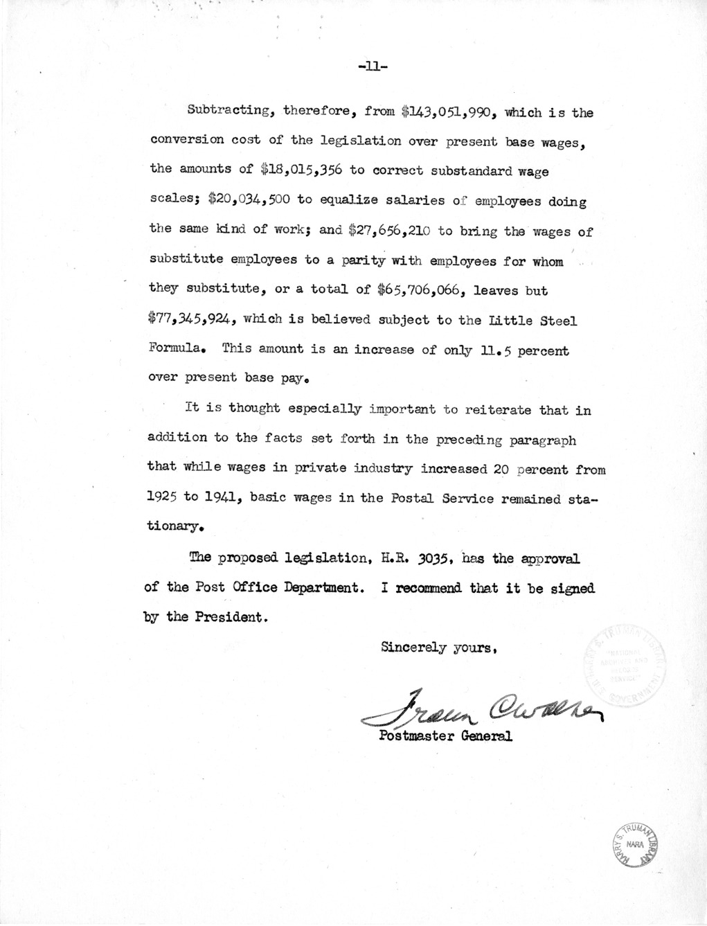 Memorandum from Harold D. Smith to M. C. Latta, H.R. 3035, Postal Service Pay Bill, with Attachments