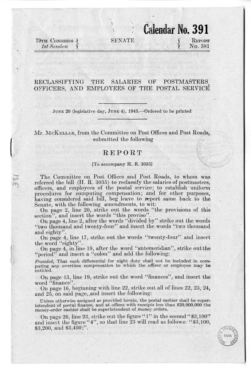 Memorandum from Harold D. Smith to M. C. Latta, H.R. 3035, Postal Service Pay Bill, with Attachments