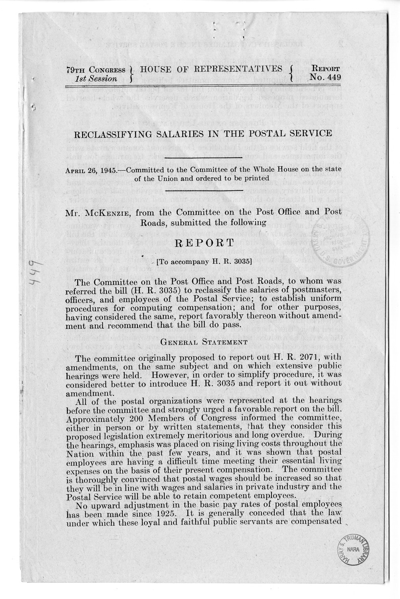 Memorandum from Harold D. Smith to M. C. Latta, H.R. 3035, Postal Service Pay Bill, with Attachments