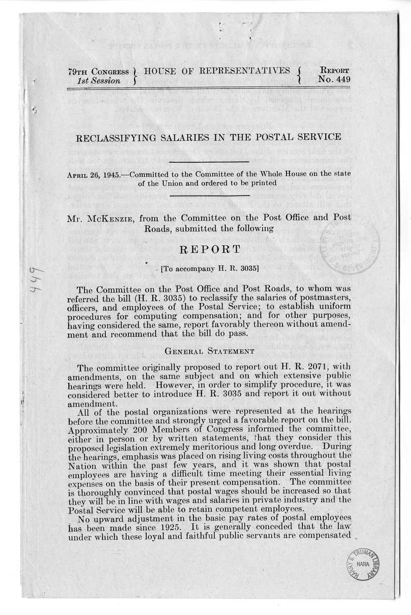 Memorandum from Harold D. Smith to M. C. Latta, H.R. 3035, Postal Service Pay Bill, with Attachments