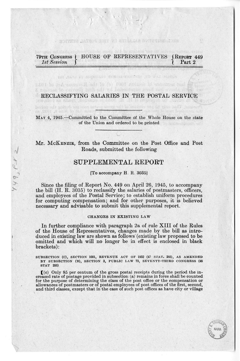 Memorandum from Harold D. Smith to M. C. Latta, H.R. 3035, Postal Service Pay Bill, with Attachments