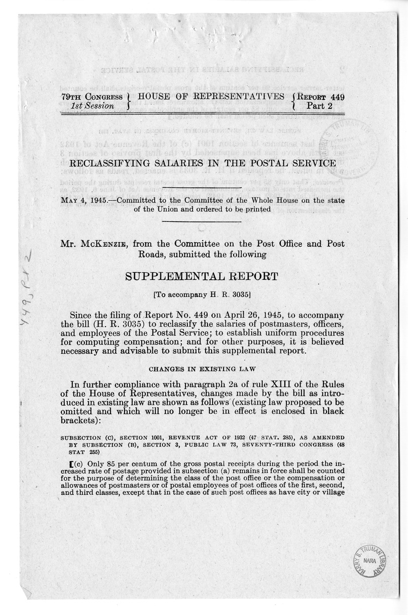 Memorandum from Harold D. Smith to M. C. Latta, H.R. 3035, Postal Service Pay Bill, with Attachments